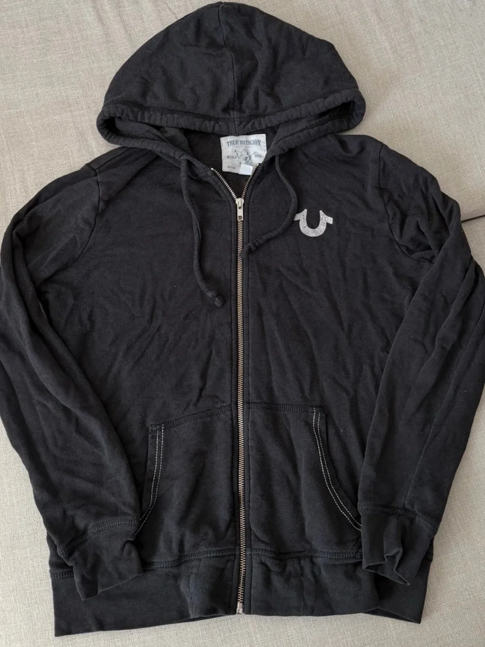 True Religion Black World Tour Zip Up Hoodie Buddha Guitar Logo Y2K